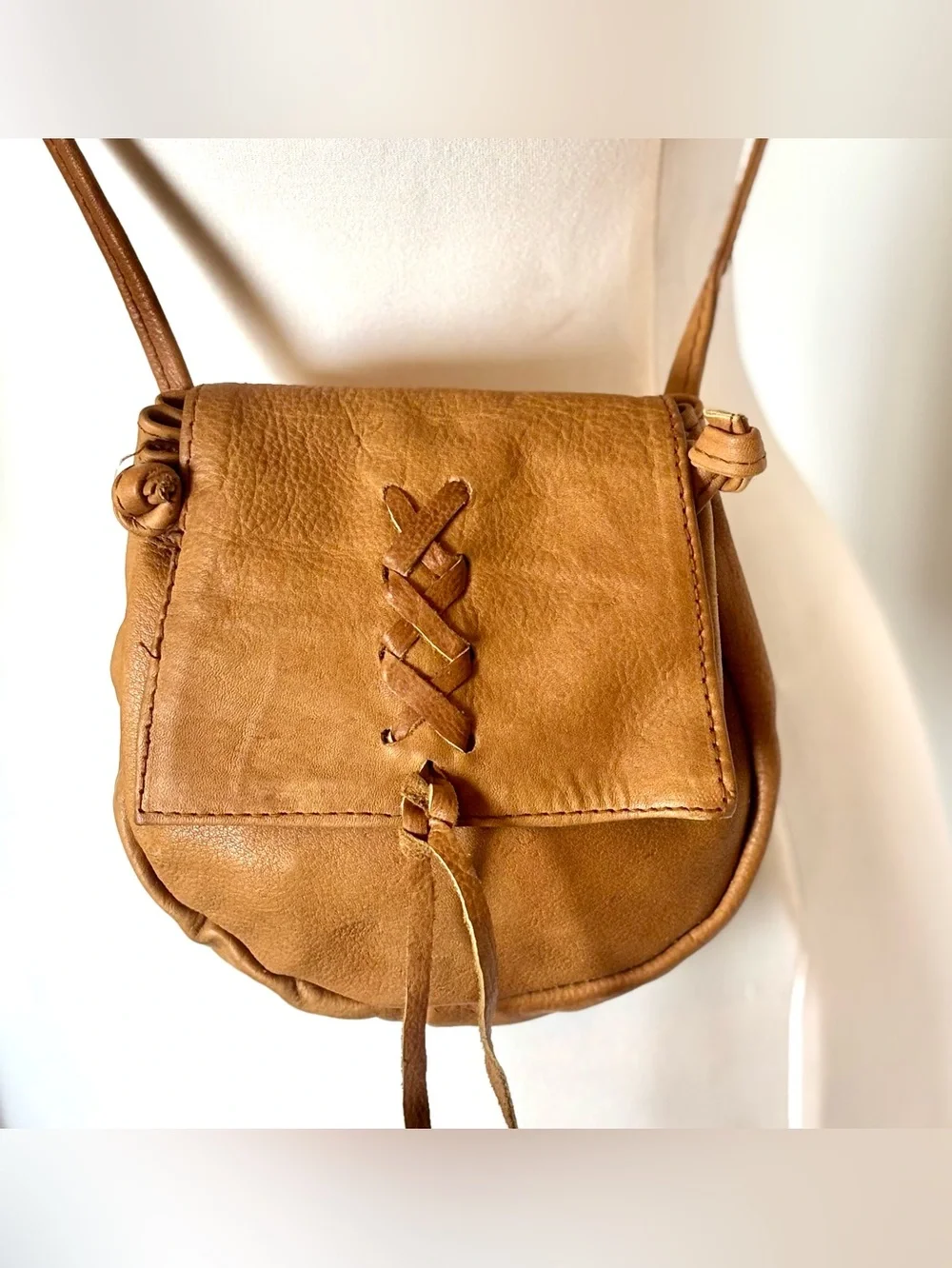 Vintage Tan Leather Crosslace Boho Crossbody Bag | Small | Made in India